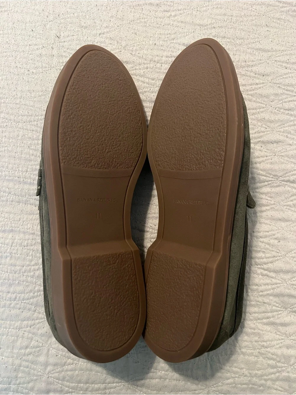 Banana Republic Olive Green Suede Penny Loafers with Brown Trim